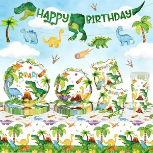 This dinosaur 51pcs disposable tableware set includes 10 dinner plates, 10 dessert plates, 10 paper cups, 20 napkins, one tablecloth, and one pull-out banner. This convenient disposable tableware is perfect for camping, picnics, garden barbecues, weddings