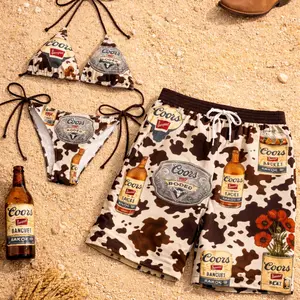 Coors Cowboy Couple Swimwear - Set Matching Bikini & Men’s Beach Shorts, Rustic Rodeo Summer Vacation Beachwear Outfit Style