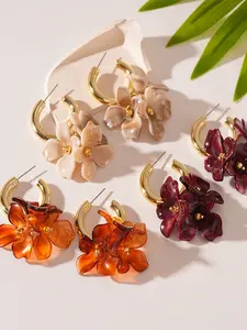 Women's Silver Color Acrylic Flower Earrings, C-Shaped Dye-Pressed Petal Design, Elegant Jewelry Accessory for Women & Girls