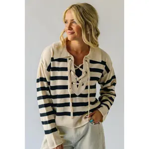 The Dunavant Lace Up Striped Sweater in Cream