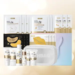 Laikou Snail Collagen Skincare Hydrating Set: Cleansing 50g + Toner 100ml + Eye Cream 15g + Essence 30ml + Cream 30g + Sunscreen 50g + Lip Mask 6g×3 + Gel Mask 25g×3 + Hydrating Mask 25g×3+ Eye Mask 6g×3+ Sleeping Mask 3g×3 + Makeup Bag & Gift Bag