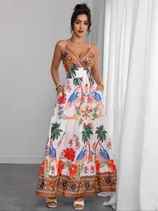 Women's  Tropical Print Pocket Cami Fitted Dress, Boho Sleeveless Long Dress for Beach Holiday Vacation, Ladies Clothes for Summer