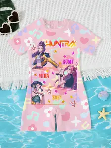 Kpop Demon Hunters Short Sleeve One-Piece Swimsuit, Girls' Casual Summer Swimwear, Surfing and Swimming, All over Print Beach Girl Bathing Suit, Rash Guard Swimsuits
