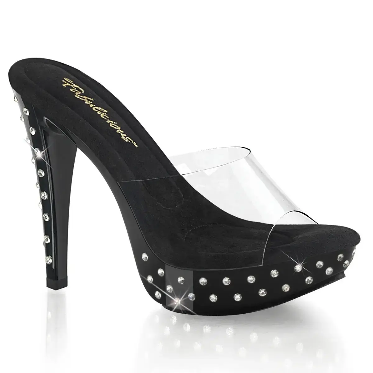 Fabulicious Cocktail-501SDT Women's Rhinestone Studded Chrome Slide Clear/Black