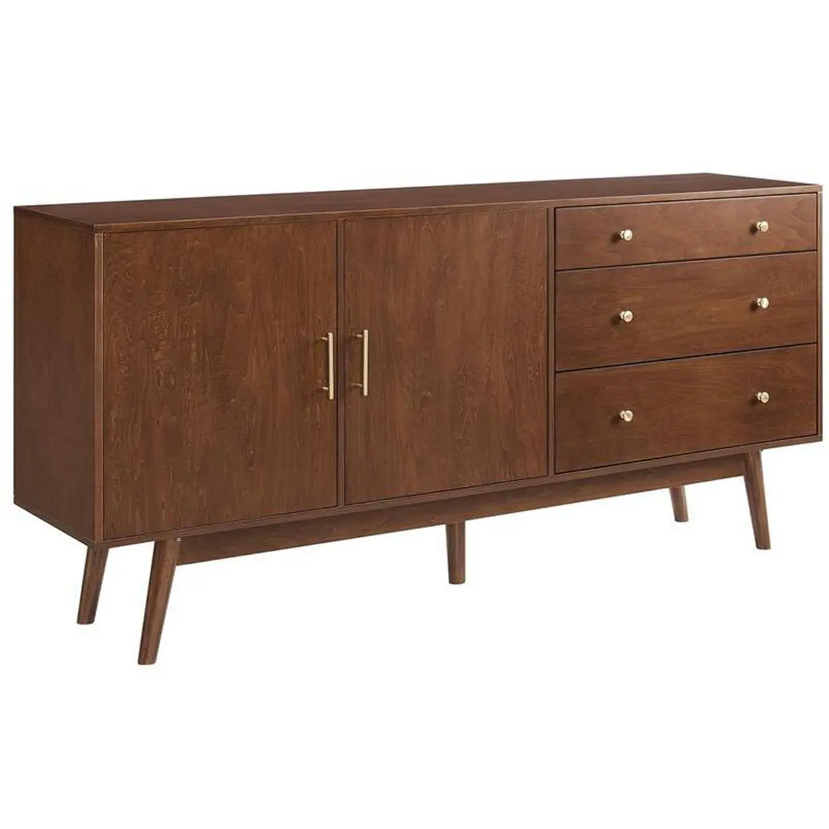 Walker Edison 70 in. Mid-Century Modern Wood Veneer Sideboard - Storage Cabinet with 3 Drawers, 2 Doors, Tapered Legs, Telescopic Glides, Soft Close Hinges, Walnut, Storage Furniture, Living Room Decor, Display Cabinet, Adjustable Organizer, Office Use