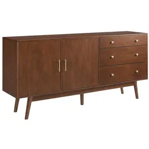Walker Edison 70 in. Mid-Century Modern Wood Veneer Sideboard - Modern Storage Cabinet, 3 Drawers, 2 Doors, Tapered Legs, Telescopic Glides, Walnut, Living Room Decor, Storage Furniture, Dining Room Furniture