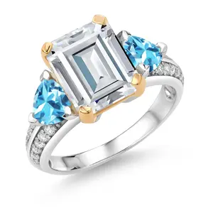 Gem Stone King 925 Sterling Silver and 10k Yellow Gold White Moissanite and Swiss Blue Topaz 3 Stone Engagement Ring For Women (4.90 Cttw, Emerald Cut Cut 10X8MM)