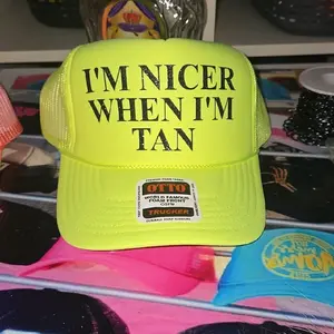 I'M NICER WHEN IM TAN OTTO TRUCKER HAT NEON YELLOW WITH BLACK BLING WRITING FASHION ACCESSORY