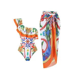 Women's All Over Print One-piece Swimsuit & Swimsuit Coverup Skirt Set, Casual Fashion Swimwear Set for Beach Holiday Vacation, Ladies Swimsuit for All Seasons