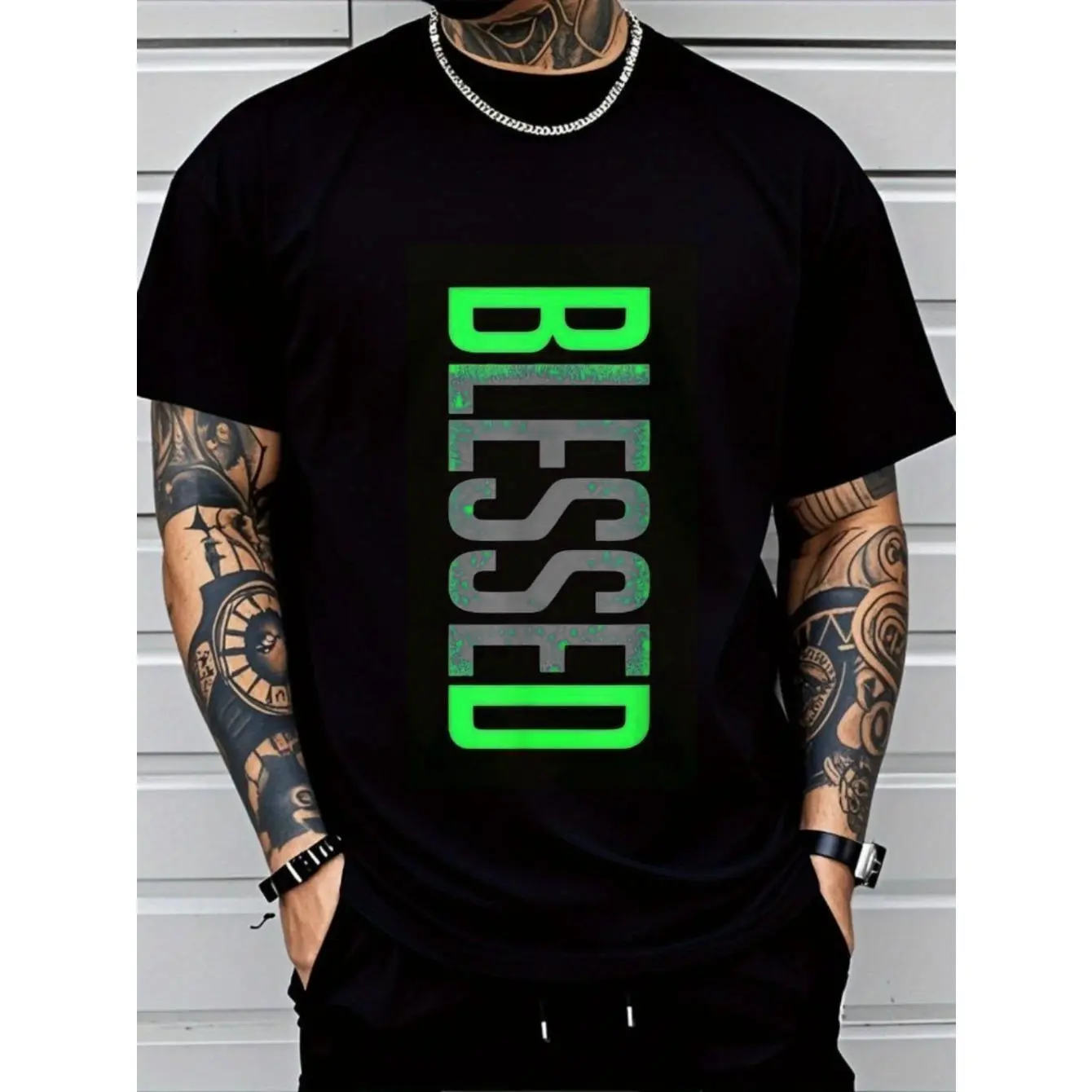 Men's Customized Casual Classic Short-Sleeve Plus-Size Geometric Print 100% Cotton Knit T-Shirt - Breathable, Fitted Round Neck, Medium Stretch
