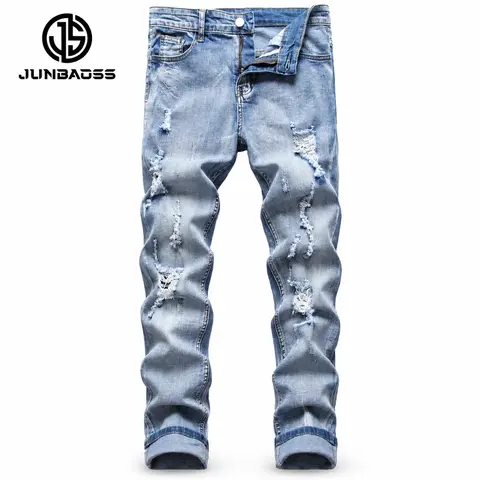 JUNBAOSS Men's Slim Fit Stretch Jeans Ripped Skinny Jeans for Men, Distressed Straight Leg Fashion Casual Popular Chic Comfort Flex Waist Denim Pants, Menswear Classic Street Style Cotton Fabric Jean Natural Hipster Personalized Stylish Jeans with Pockets