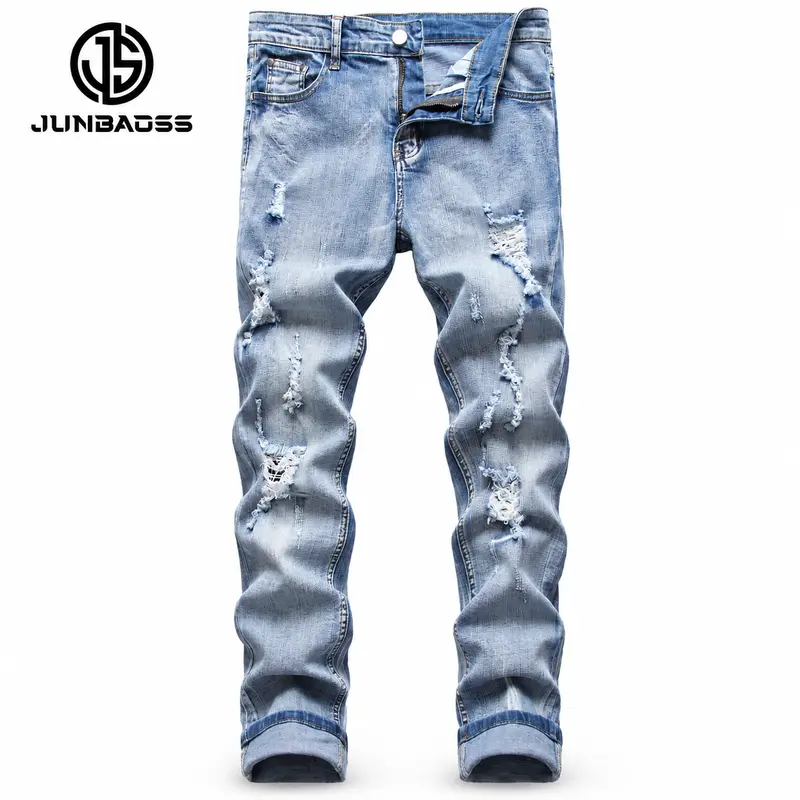 JUNBAOSS Men's Slim Fit Stretch Jeans Ripped Skinny Jeans for Men, Distressed Straight Leg Fashion Casual Popular Chic Comfort Flex Waist Denim Pants, Menswear Classic Street Style Cotton Fabric Jean Natural Hipster Personalized Stylish Jeans with Pockets