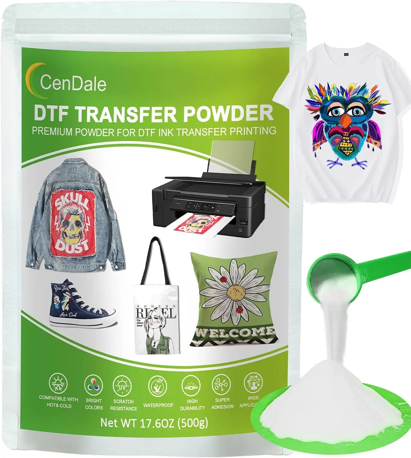 DTF Powder, 500g/17.6OZ White Hot Melt Adhesive Digital DTF Transfer Powder for Sublimation, Compatible with DTF and DTG Printers, DTF PreTreat Powder for All Fabric Jeans Cotton T-Shirt