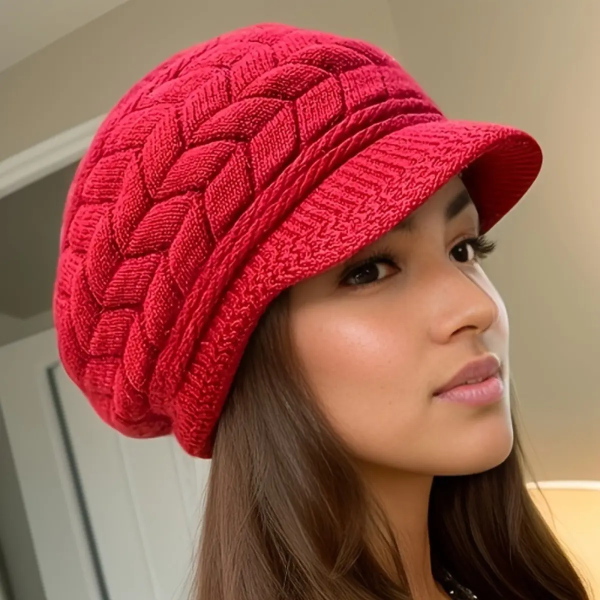 Womens Winter Beanie Hat Handmade Crochet Skull Cap with Faux Fur Pom Pom Warm Fleece Lined Christmas Gift Idea for Her Cozy Holiday Fashion Cold Weather Gear