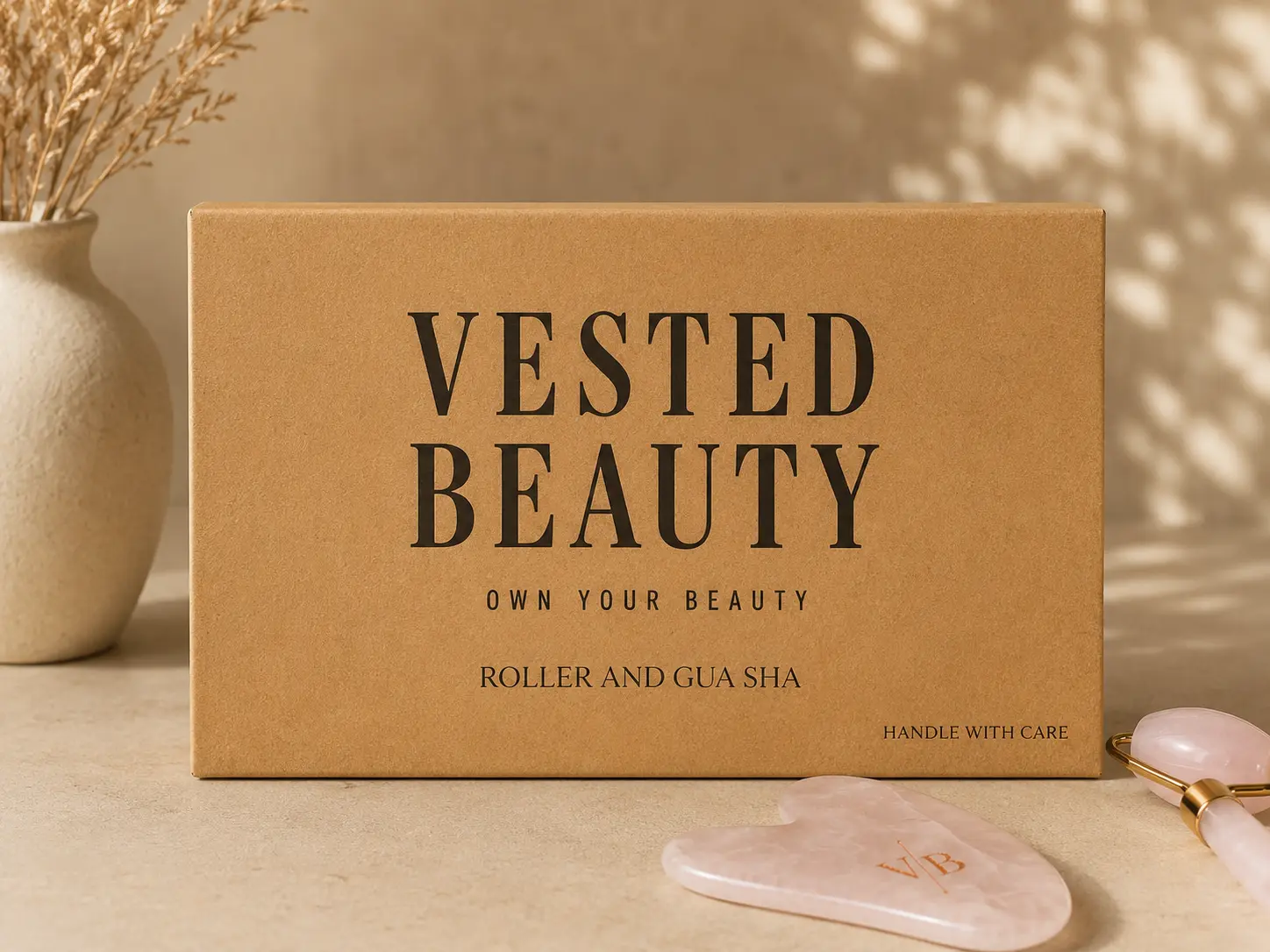 Vested Beauty | Rose Quartz Roller and Gua Sha Facial Massage Tools Set