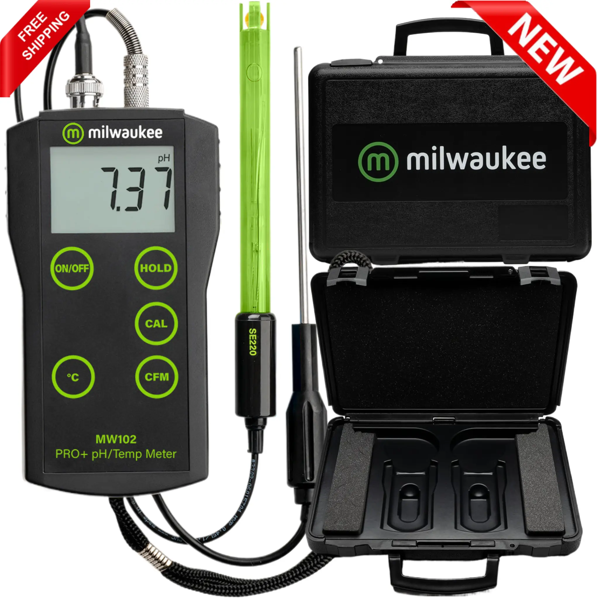 Milwaukee MW102 PRO+ pH & Temperature Meter + Hard Case Bundle | ATC, ±0.02 pH