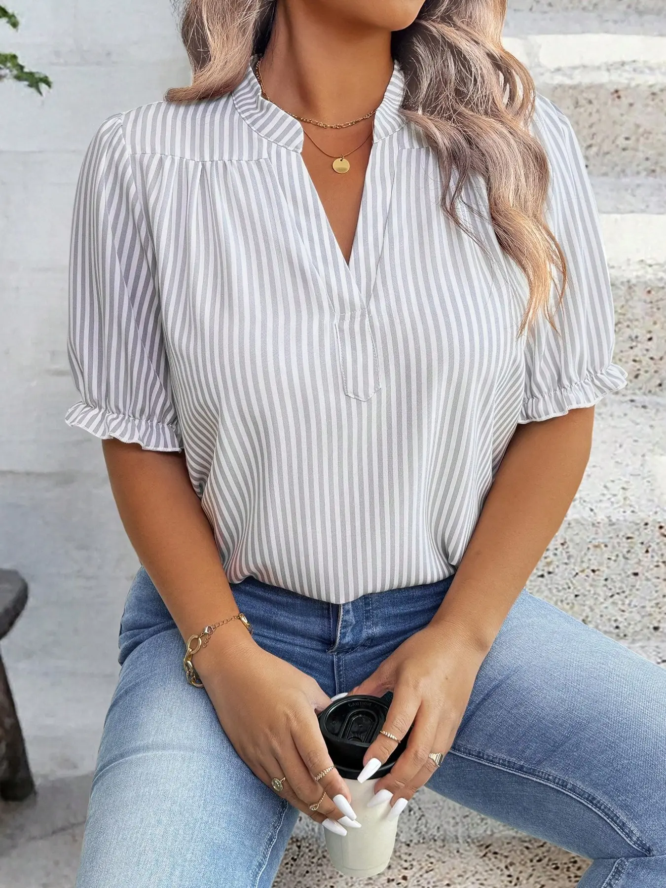 Elegant Chic V-Neck Cross Design Chiffon Top Blouse Shirts, Vintage Bubble Short Sleeve, Ruffled Hem, French Romantic Office Style, Casual, Slimming and Youthful