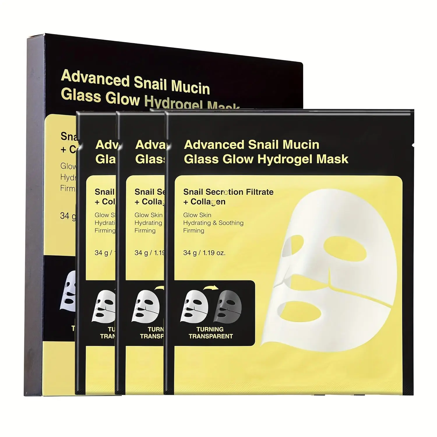 3 Sheets Snail Slime Mask with Collagen & Niacinamide, Korean Collagen Mask, Moisturizing Brightening Face Care Patches, Hydrating Skin Treatment, Collagen Facial Mask, Collagen Hydration Mask
