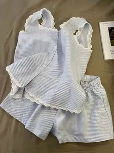 Women's Simple Striped Casual Set, Lace Trim Square Neck Vest with Shorts, Comfortable Daily Wear, Home Leisure