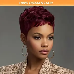 New Arrived 99J Pixie Cut Human Hair Wig 4-Inch 99J Brazilian Remy Human Hair Wigs Glueless Human Hair Short Straight Style Hair Soft Breathable Perfect for Parties and Daily Wear