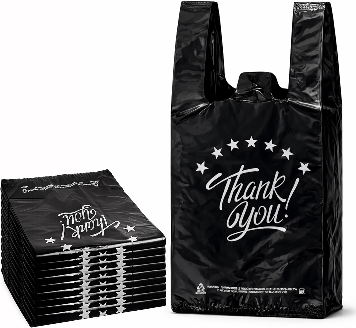 100 PCS Black Thank You T Shirt Bags, 11x6x21 Inch Grocery Shopping Bags, Reusable Disposable Plastic Supermarket Bags, Carry Out Retail Takeout Bags