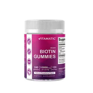 Vitamatic Chewable Biotin Gummies 10,000 mcg - Vitamin B7 Biotin Hair/Skin/Nails Gummy Beauty Supplement, 240 Vegan, Natural Raspberry Flavor, US-Made, Gluten-Free, Non-GMO, Biotin Hair/Skin/Nails Supplements