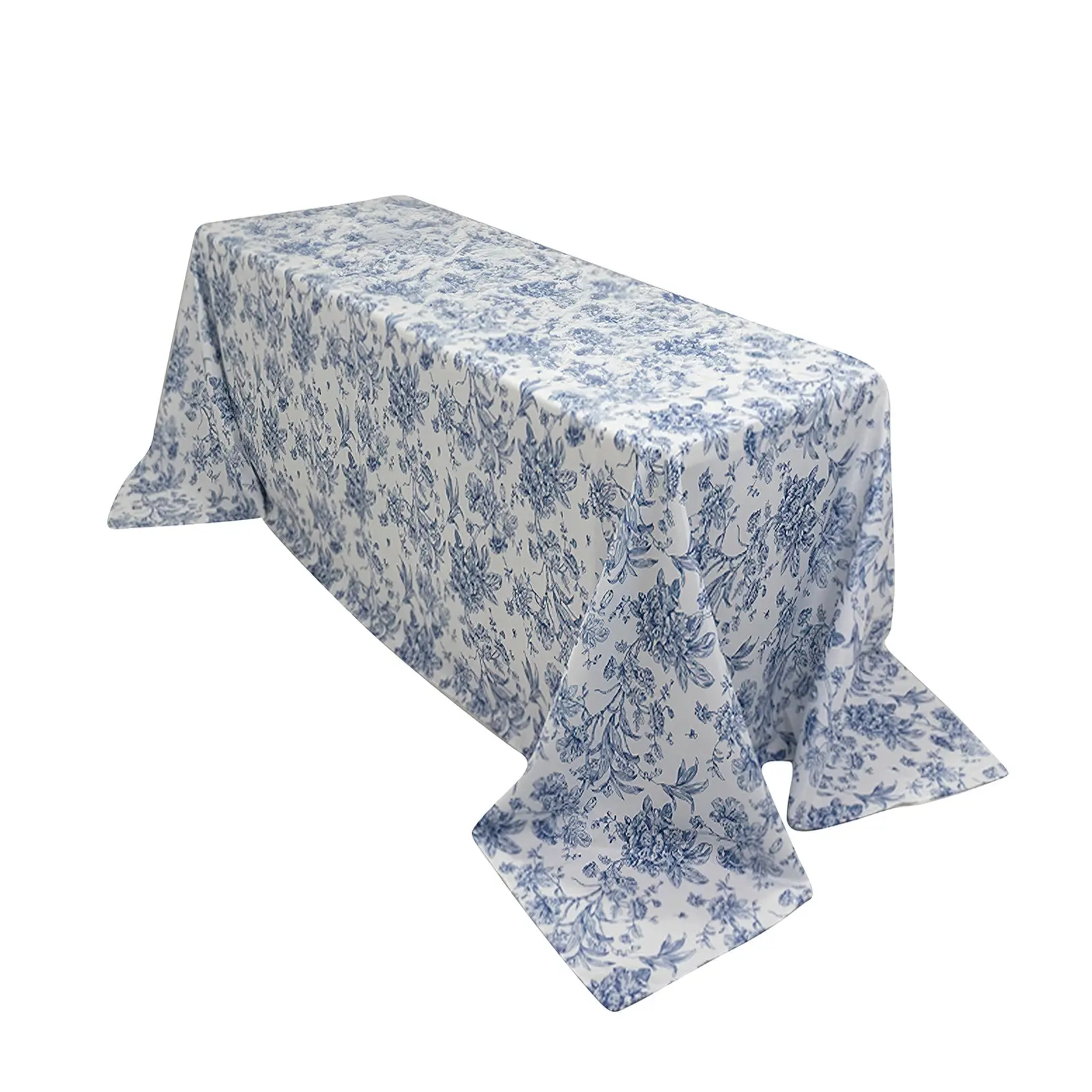 90"x132" Non-Customised White Seamless Blue French Toile Polyester Rectangle Tablecloth, Machine Washable, All Seasons French Country Decoration for Upscale Events, Machine Wash, Party