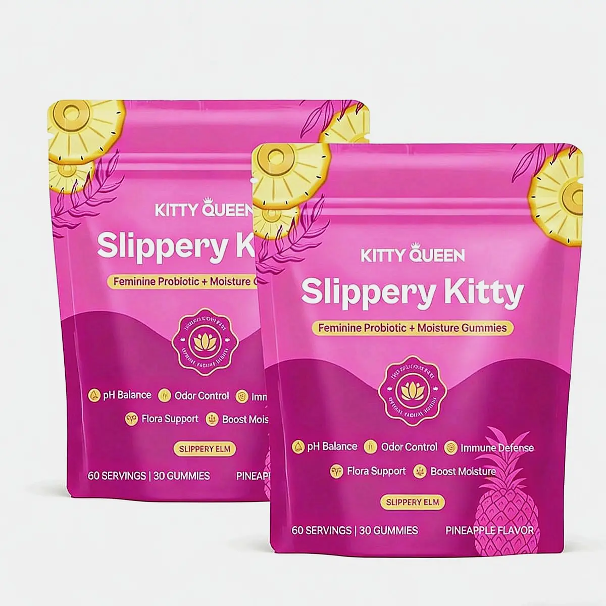 Natural Slippery Elm Feminine Probiotic Gummies, Prebiotics Boost Beneficial Bacteria, Lactobacillus Blend Controls Odor, Hawaiian Pineapple 60ct