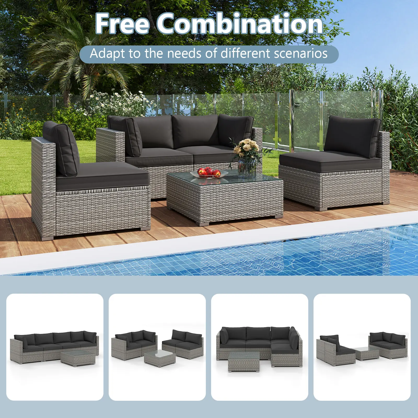 COSTWAY - 5-Piece Outdoor Patio Sectional Sofa Couch and Glass Coffee Table with Cushions-Black