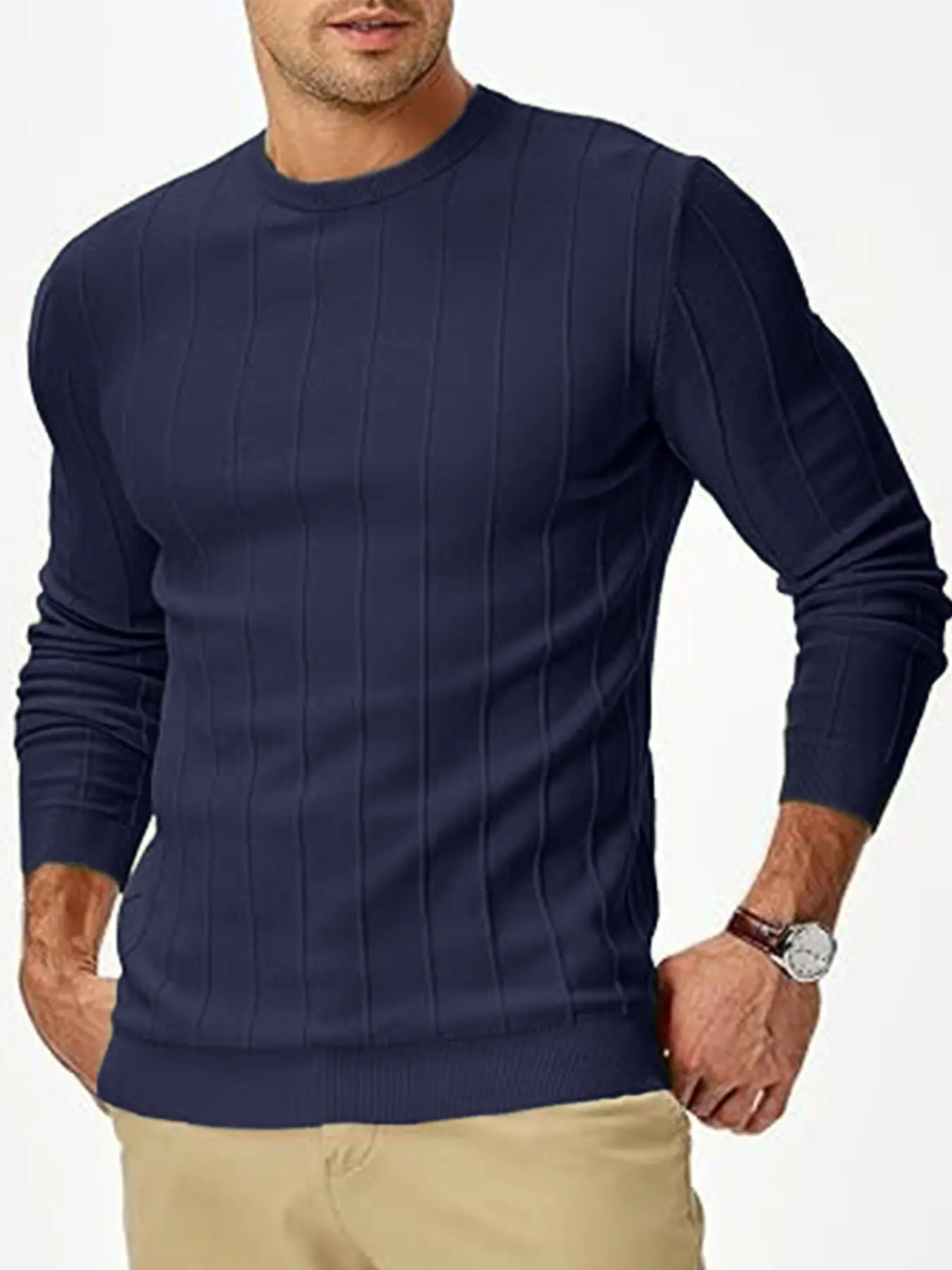 Vertical Striped Men's Knit Sweater, Slim Fit Round Neck Long Sleeve, Casual Fall & Winter Top, Versatile and Stylish