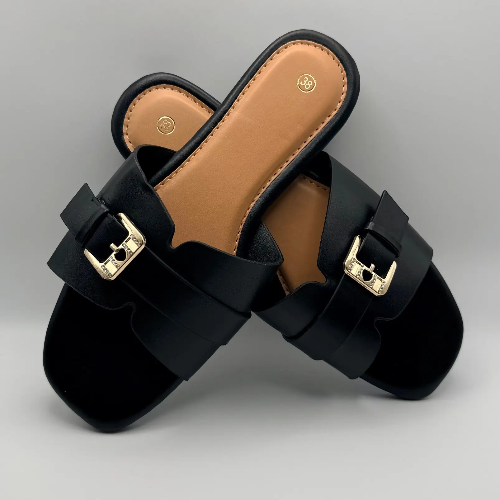 Glamorous - Black square toe metal buckle leather sandals - casual flat for everyday wear