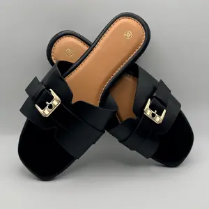 Glamorous - Black square toe metal buckle leather sandals - casual flat for everyday wear