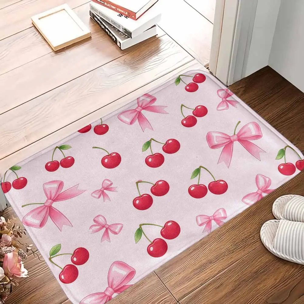 Blush Pink Coquette Bow Knot Cherry Print Non-Slip Rubber Rug, Soft Washable Bath Mat, Preppy Aesthetic Room Decor Gift for Teen Girls summerwins