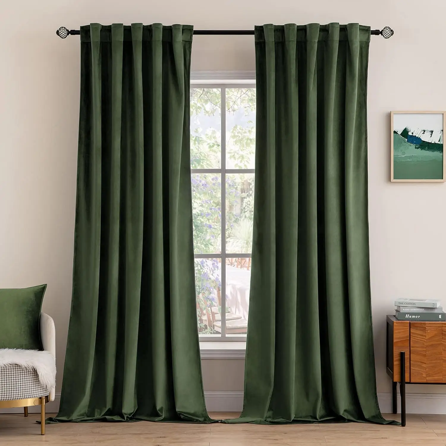 Olive Green Textured 2-Piece Curtains, 52x90" Modern Velvet Anti-Light Thermal Room Darkening Drapes with Rod & Back Tab for Bedroom Living Room, Textured Curtains