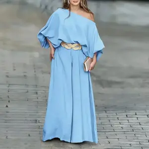 Women's Skew Neck Lantern Sleeve Top & Wide Leg Pants Set-No belt（sneakers）