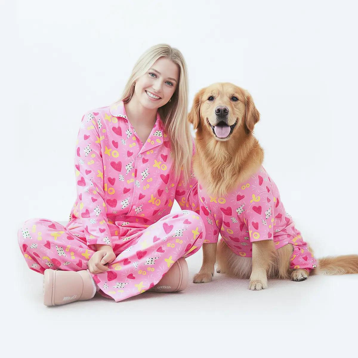 Matching Dog and Owner Pajamas, Ultra Soft Stretchable PJ Onesie, for Small Medium Large Dogs & Humans, All over Flashing Heart Letter Pattern, S-6xl, Puppy Clothes