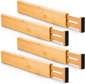 4 pcs Bamboo Kitchen Drawer Dividers Large, Adjustable Drawer Organizers, Spring Loaded, Works in Kitchen, Dresser, Bathroom, Bedroom, Drawer, Desk