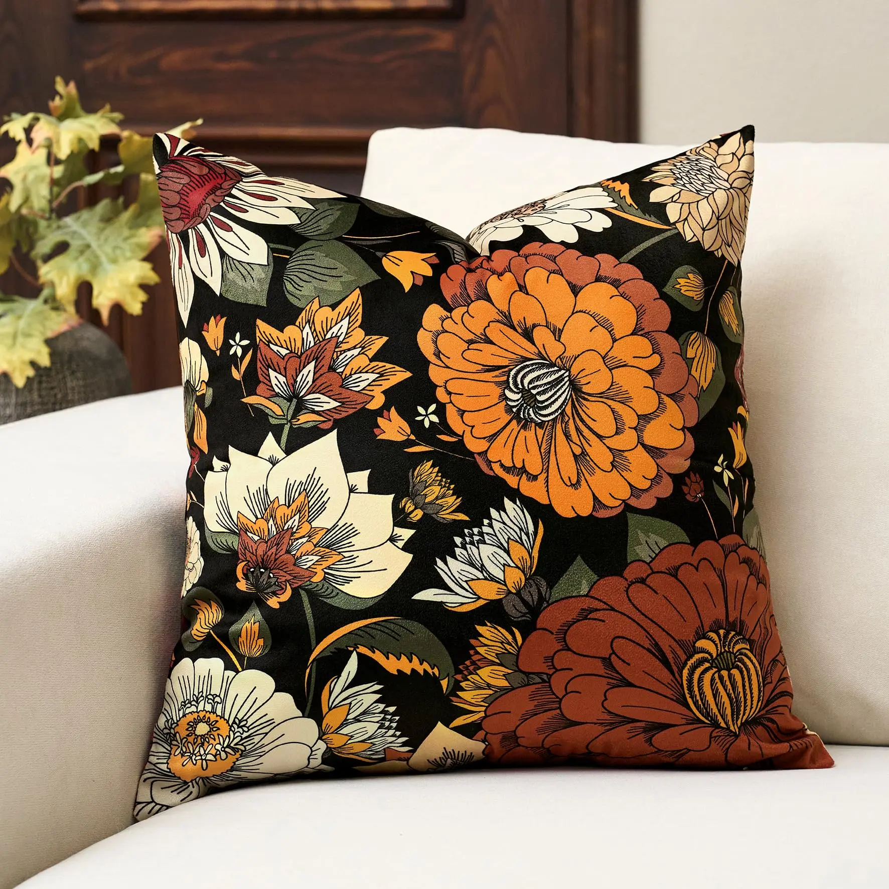 Tyrot 1-Piece Boho Floral Velvet Cushion Covers - 18x18 Multicolor Breathable Indoor Machine-Washable Pillow Cases, Mid-Century Botanical Decor for Couch, Bed, Multicolor Cushion Covers, Breathable Cushion Covers