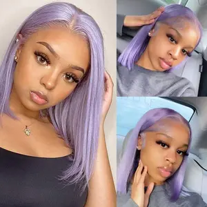 HOTLOVE HD Transparent 13X4 Blunt Cut Bob Wig Human Hair Lace Frontal Wigs Thick Pre Plucked Glueless Bob Lace Front Wigs Light Purple Short Bob Wigs 8inch Bleached Knots with Baby Hair valentines gifts for gf