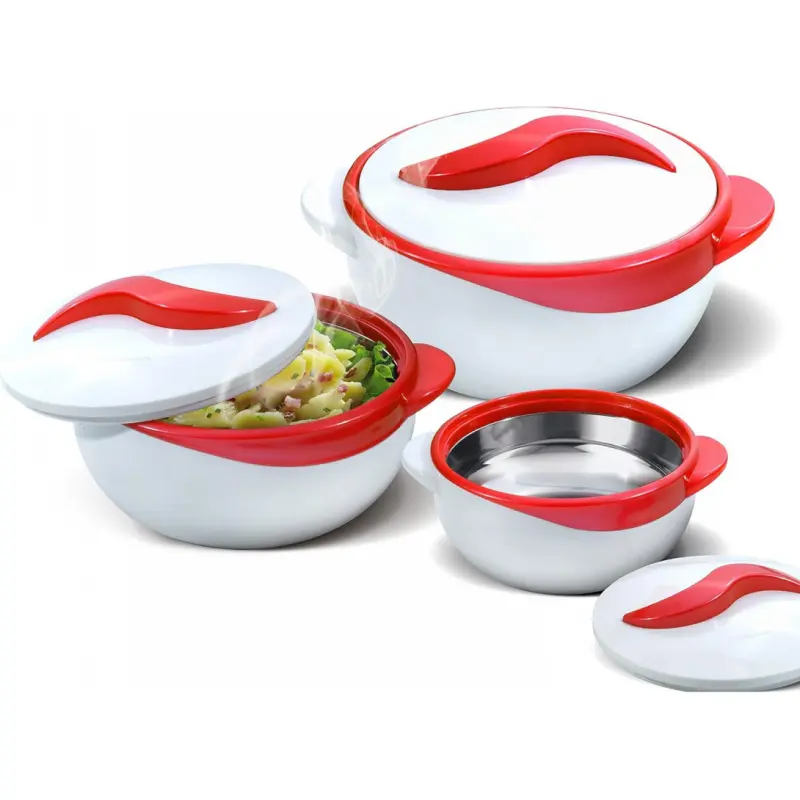 3-Piece Insulated Stainless Steel Casserole Dish Set with Lids & Handles, Bakeware (2.6/1.5/1 Qt) - Thermal Hot Pot Food Warmer/Cooler, Soup/Pasta Serving Container, Red Holiday Kitchenware, Ideal Gift for Moms