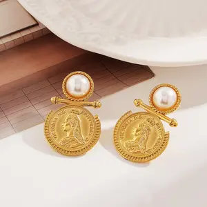 Vintage Gold Coin Earrings for Women, 18K Gold Plated Stainless Steel Pearl Stud Earrings, Hypoallergenic Retro Ins Style Dangle Earring, Non-Fade Daily Wear Jewelry