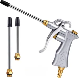 Professional Air Blow Gun with Copper Adjustable Air Flow Nozzle and 2 Steel Air flow Extension, Pneumatic Air Compressor Accessory Tool Dust Cleaning Air Blower Nozzle Gun Silvery