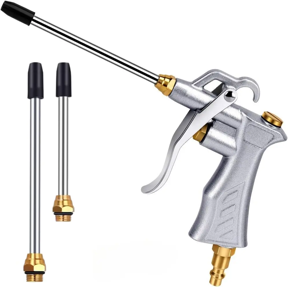 Professional Air Blow Gun with Copper Adjustable Air Flow Nozzle and 2 Steel Air flow Extension, Pneumatic Air Compressor Accessory Tool Dust Cleaning Air Blower Nozzle Gun Silvery