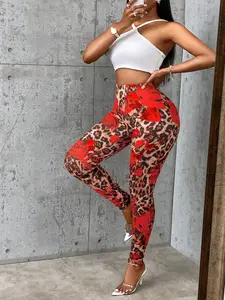 Slayr Red Rose & Leopard Pattern Digital Print Skinny Leggings, Versatile Indoor/Outdoor Wear For New Year Clothes