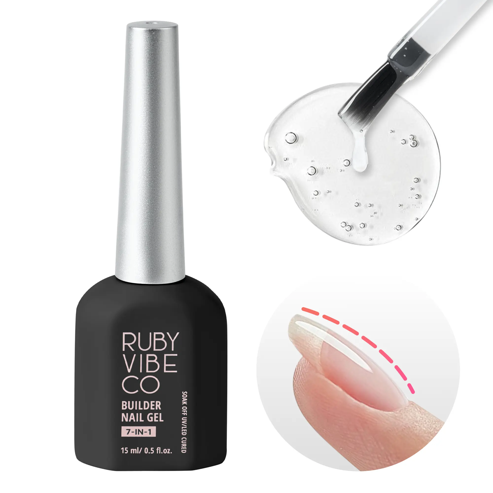 RUBY VIBE CO Builder Nail Gel 7-In-1 - Clear Builder Gel for Nails, HEMA/TPO/HPMA-Free UV/LED Soak Off Nail Builder and Hardener for Extensions, Shaping and Strength