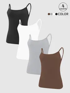 4 piece solid color high-elastic sexy back camisole, Casual Fitted Sleeveless, large U open back see-through design spaghetti straps non-slip chestless padded fitness running daily wear women's basic versatile top, Plain Tank Top