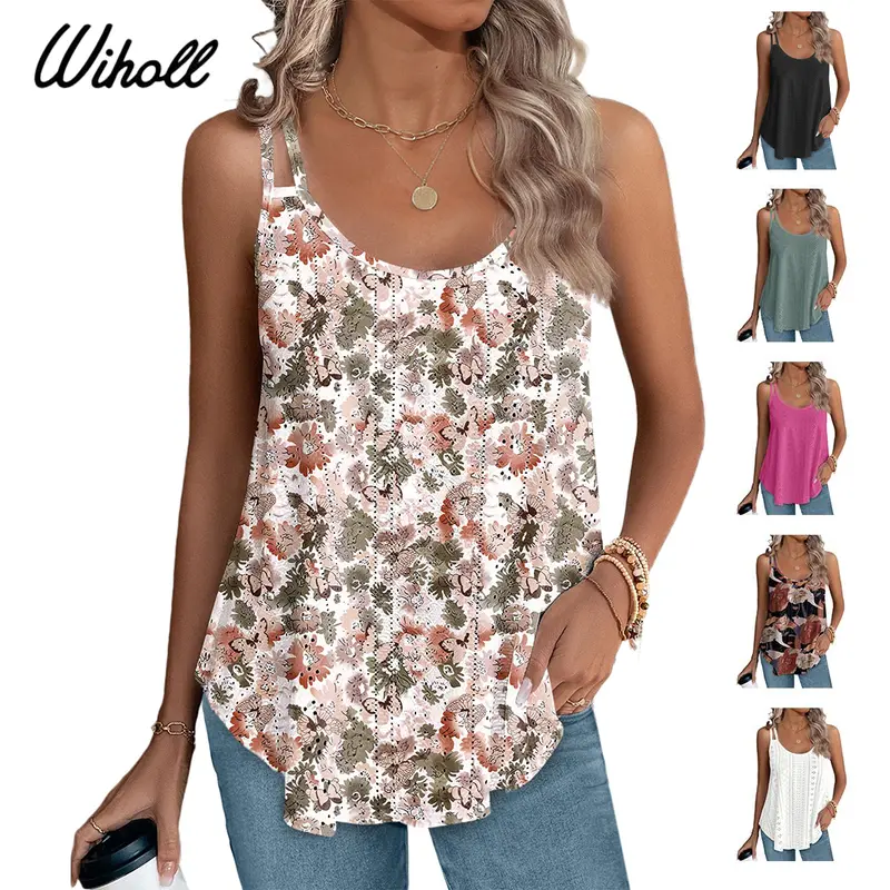 WIHOLL Women's Sleeveless Eyelet Embroidery Spaghetti Strap Scoop Neck Camisole Tank Top - Simple 1-Piece, Loose-Fit All-Seasons Basic, Alternative Fashion Women's Tanks & Camis, Everyday Essential Solid for Dressy Casual Looks (Check Size Chart)