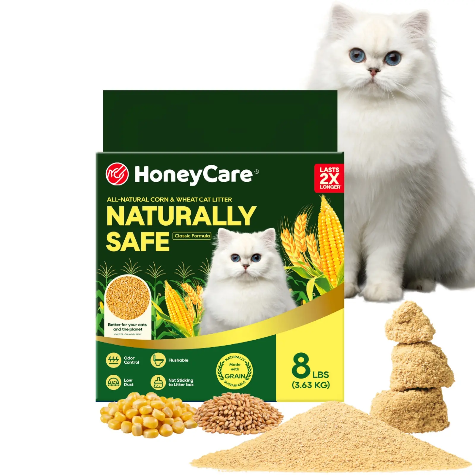 HONEY CARE All-Natural Corn & Wheat Clumping Cat Litter, Flushable, Low Dust, Odor Control, 8 lbs, Single Bag