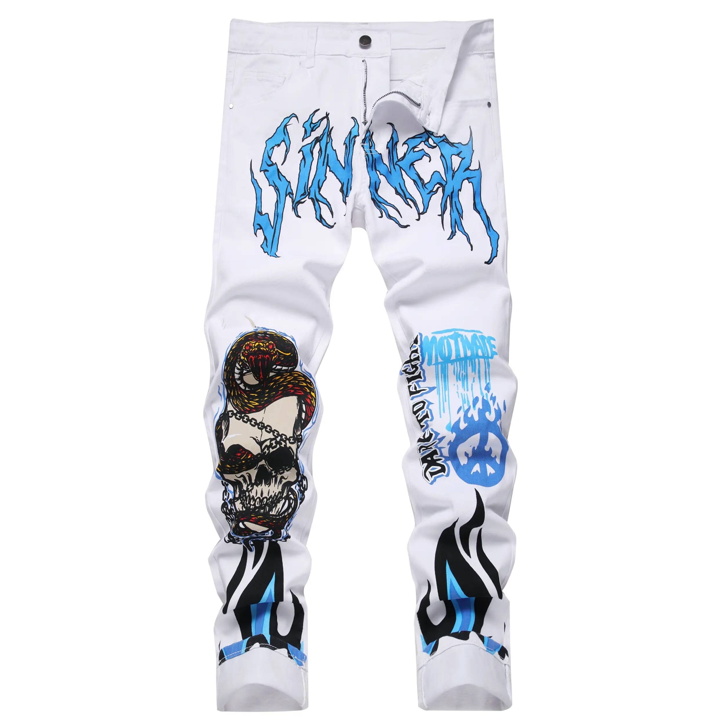 Men’s white printed portrait jeans — Easter party, special holiday wear