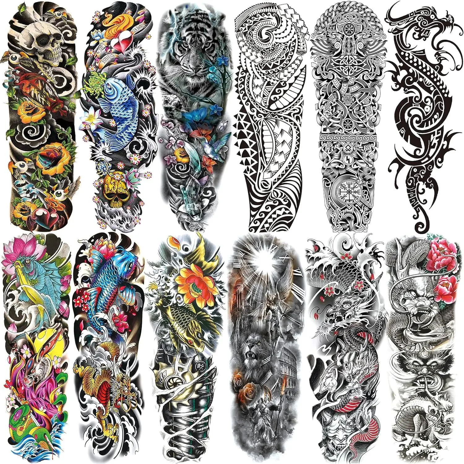 12 Sheets Waterproof Temporary Tattoos, Large Full Arm Sleeve Body Art for Adults, 19"x7" Long-Lasting Realistic Designs with Dragon & Skull